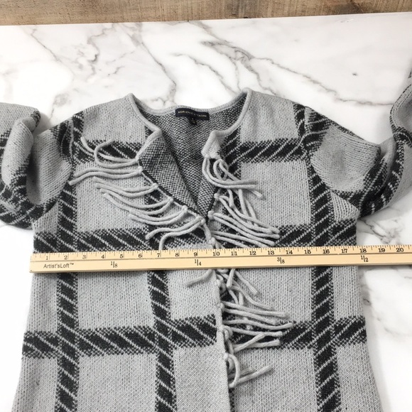 Adrienne Vittadini Black Gray Longline Cardigan Womens Medium Windowpane Plaid - Picture 8 of 10
